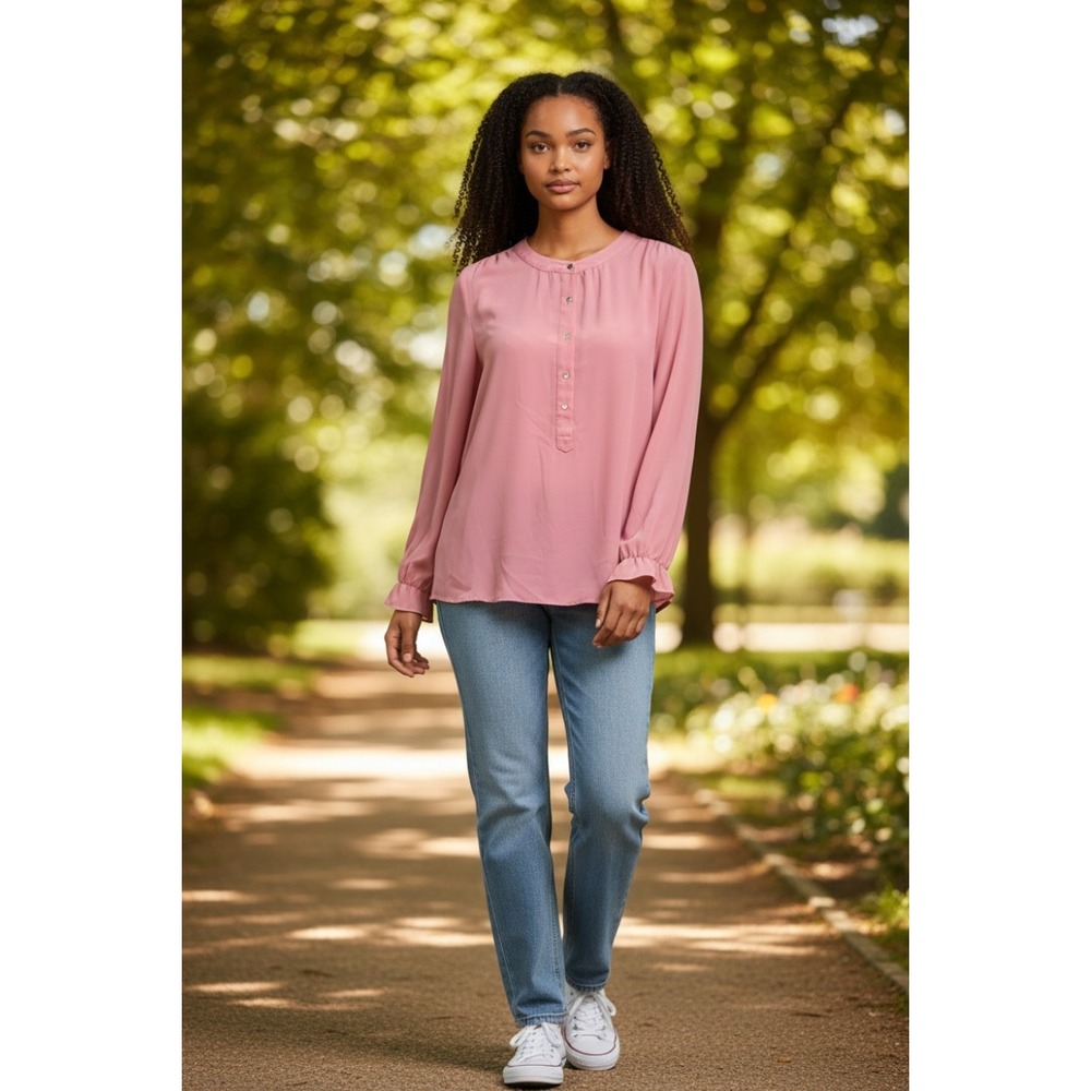 (G-223)Joan Vass New York Womens Pink Blouse Size M Long Sleeve Button Front 100